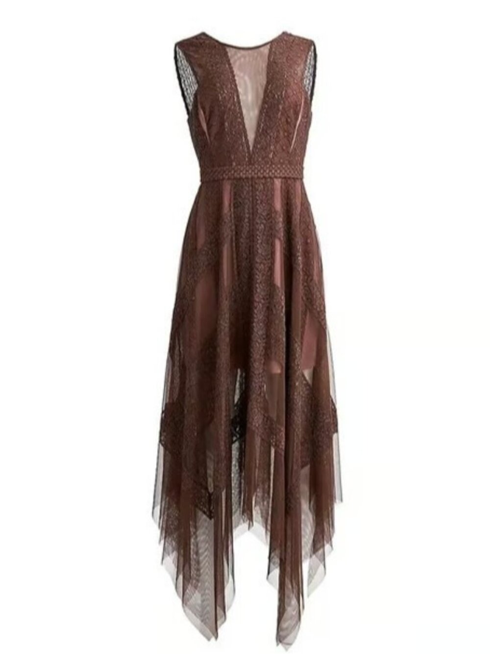 NWT BCBG MaxAzria Andi in Coffee Bean Brown Lace Handkerchief Hem Sheer Dress 12 - Picture 2 of 9
